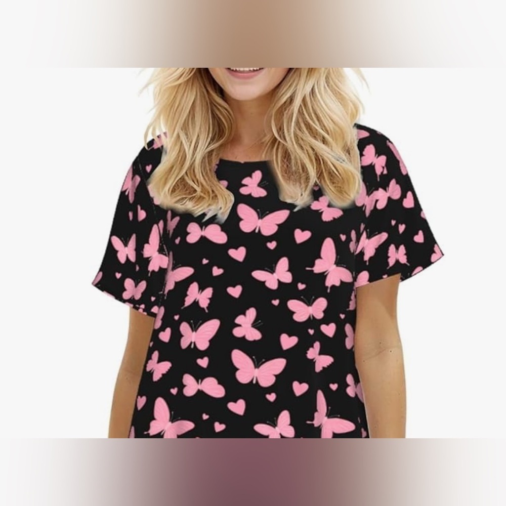 NWT- Large whimsical fairy  Butterfly Print 
Short Sleeve Tee - Black and Pink